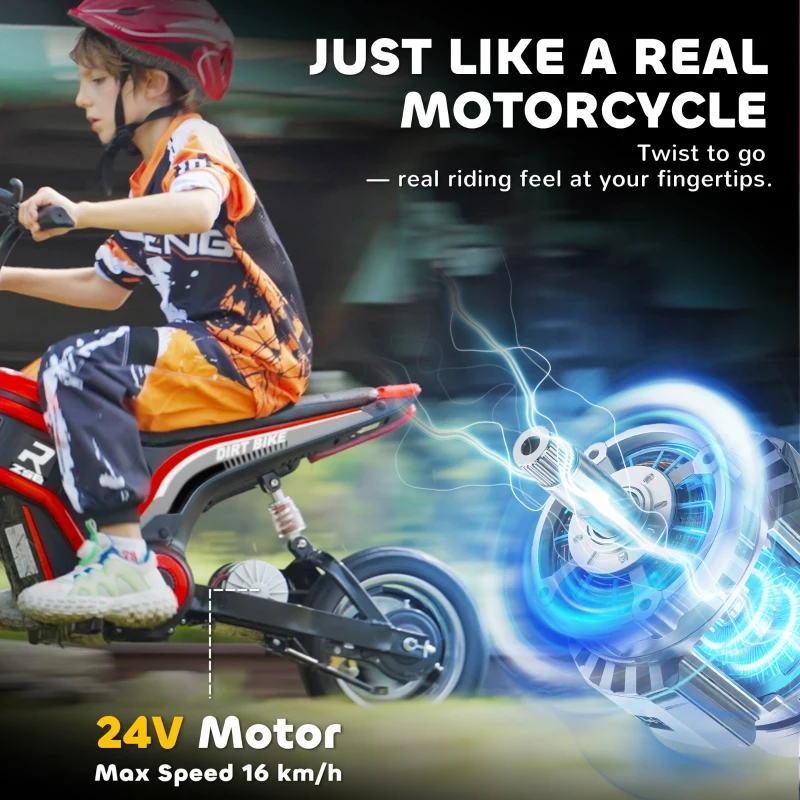 HOMCOM 24V Electric Motorbike 16km/h with Twist Grip Throttle, Enhanced Power and Extended Range - Red