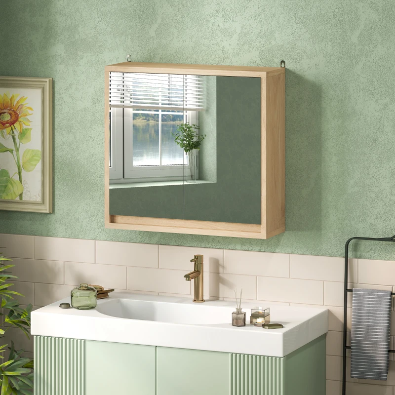 HOMCOM Badezimmerschrank mit 2 Spiegeltüren, verstellbares Regal, 48x14.5x45cm, Holzfarbe