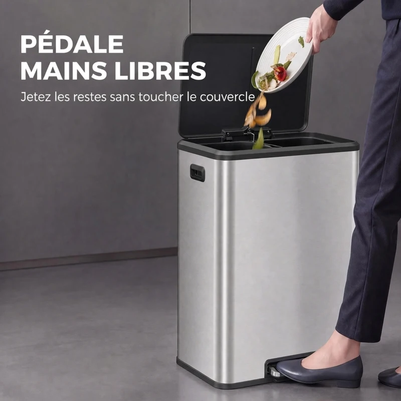 HOMCOM Poubelle à Double Compartiment 2 x 30L, Poubelle de Cuisine en Acier Inoxydable, Couvercle à Fermeture Douce, Argent