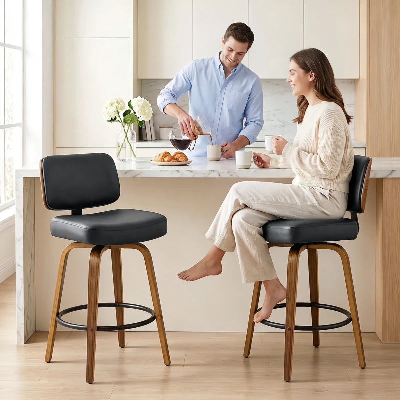 HOMCOM Bancos de Bar Giratórios 360° em Pele Sintética PU com Pernas de Madeira Curvas, Encosto Acolchoado e Apoio para os Pés, 44x49x95 cm, Preto