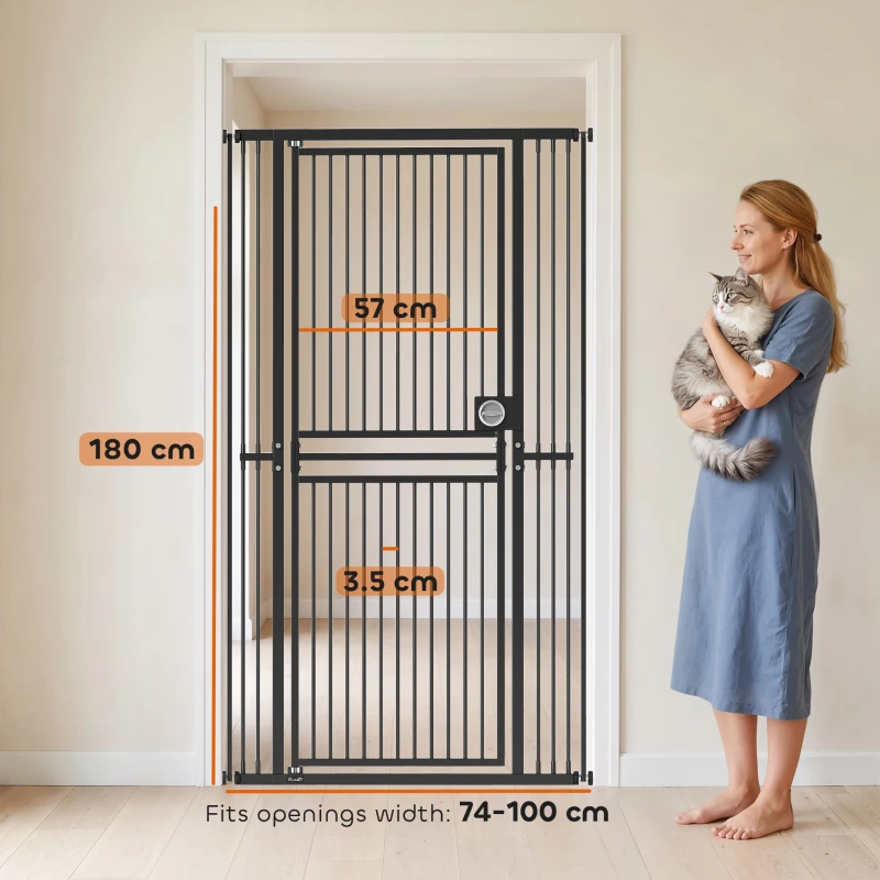 PawHut 180cm Extra Tall Cat Gate, Adjustable Pet Gate with 74-100 cm Wide, Pressure Fit, Pull-Ring Latch, Black