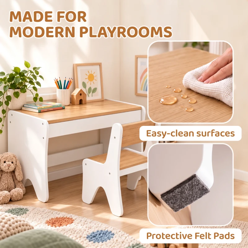 AIYAPLAY Bureau et Chaise pour Enfant 2 Pièces, Ensemble Table d'Activité avec Tiroir, 3 à 8 Ans, Blanc et Bois Naturel