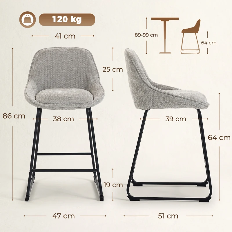 HOMCOM Set de 2 taburete de bar, scaune din chenilă, șezut tapițat 64H cm, spătar și suport pentru picioare, gri