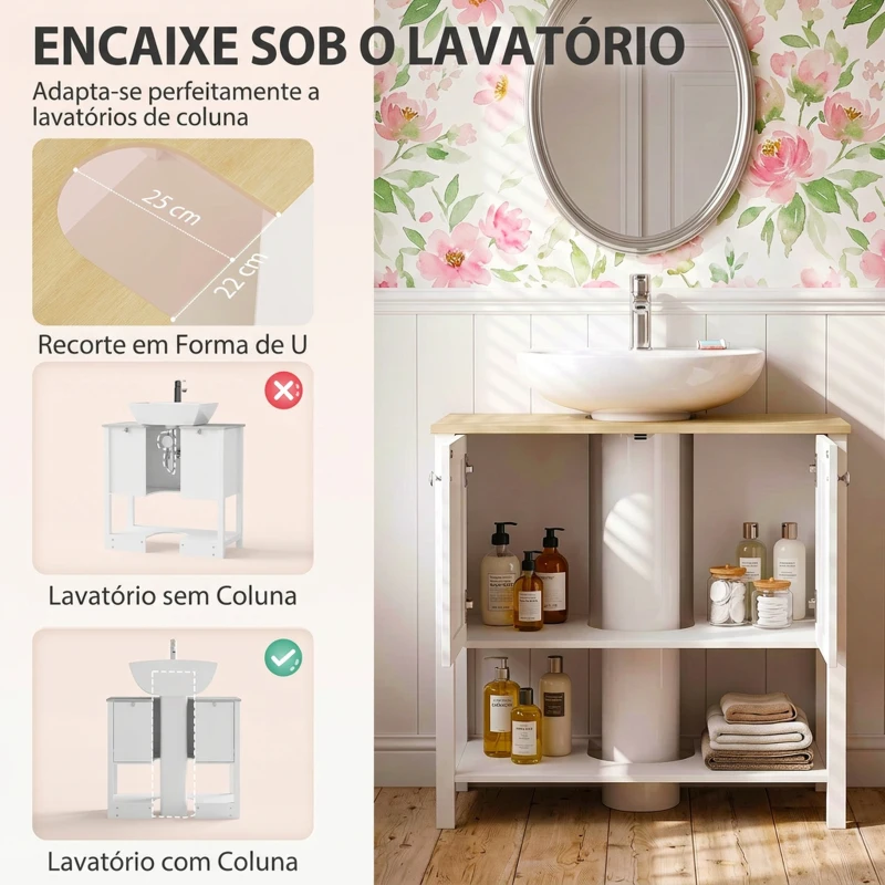 HOMCOM Móvel Inferior para Lavatório com Prateleira Aberta e 2 Portas, para Lavatório com ou sem Coluna, 80 x 40 x 80 cm, Branco