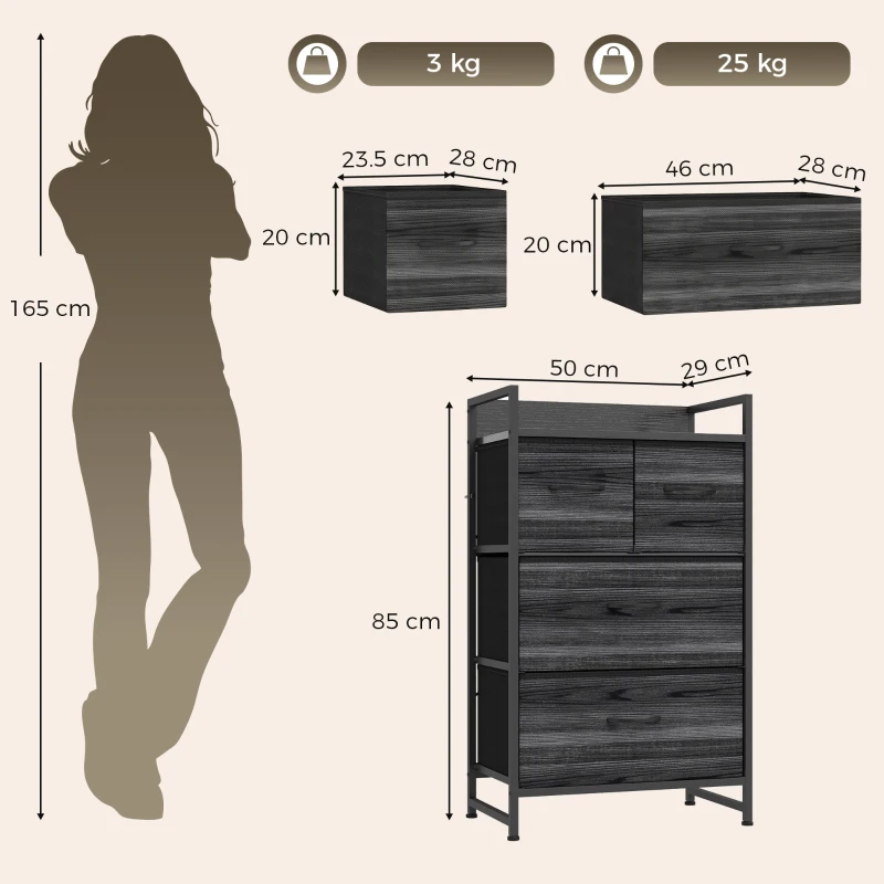 HOMCOM Rustic Chest of Four Fabric Drawers - Black Wood Effect