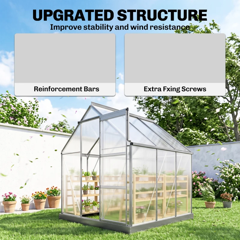 Outsunny 6 x 6ft Walk-In Greenhouse, Polycarbonate Greenhouse with Sliding Door, Window, Aluminium Frame, Foundation, Silver