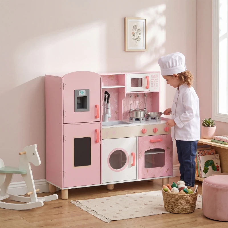 AIYAPLAY Play Kitchen, Kids Kitchen Set with Lights and Sounds, Double Stoves, Ice Maker, Chalkboard for 3+ Years, Pink