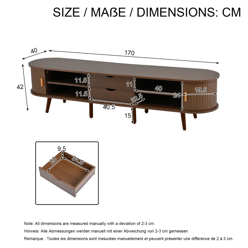 Durable Oval TV Unit with 2 Sliding Doors and 2-Tier Storage Shelves, High‑Legged TV Stand for Living Room, 175L x 40W x 40H cm, Oak