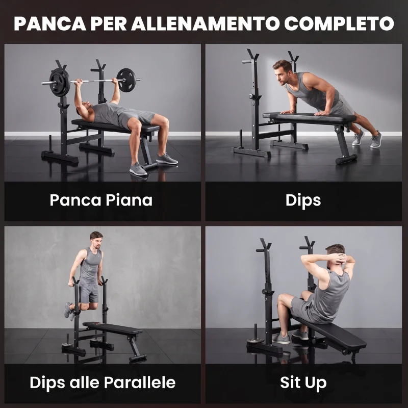 HOMCOM Panca Pesi Pieghevole con 8 Altezze Regolabili e Supporto Bilanciere in Acciaio e PU, 140x73x98-122 cm, Nera
