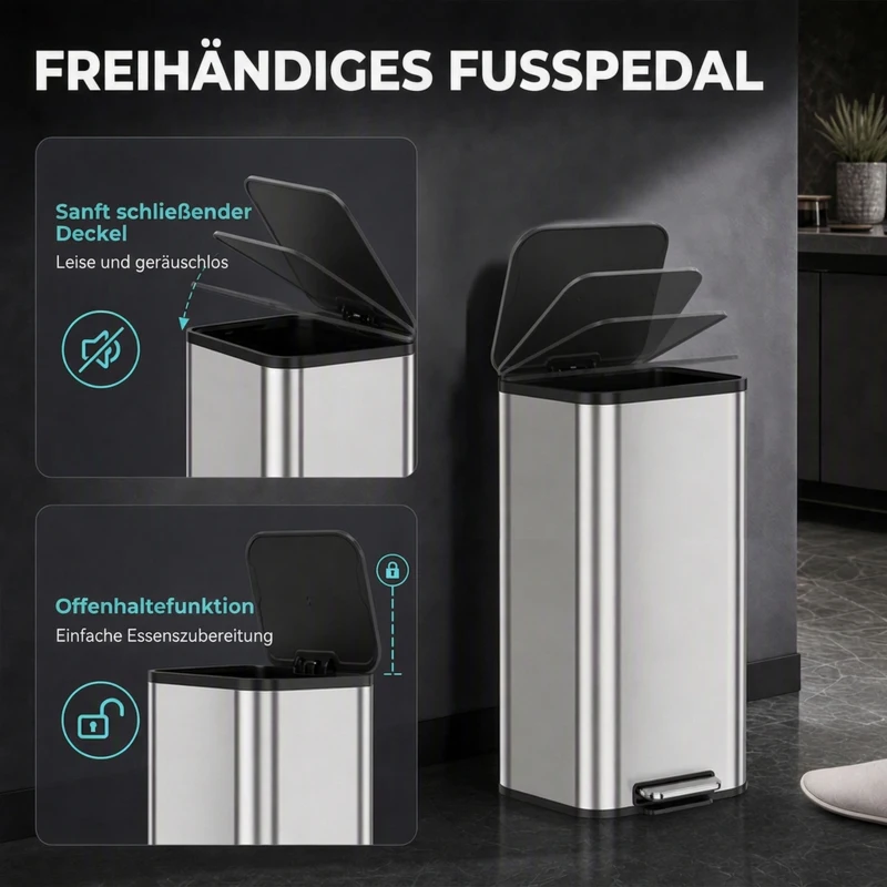 HOMCOM 30L Küchenmülleimer, Treteimer aus Edelstahl mit Soft-Close- und Offenhaltefunktion, herausnehmbarer Inneneimer, Silber