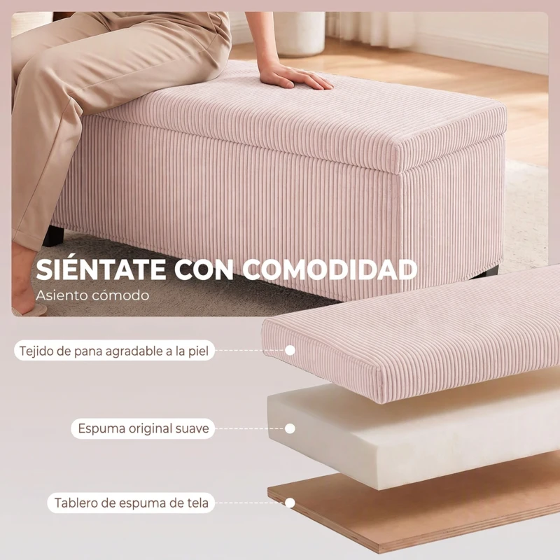 HOMCOM Banco Almacenaje Capacidad de 84 L 112x42x40cm Tapizado en Pana Pie de Cama para Sala de Estar Dormitorio Rosa