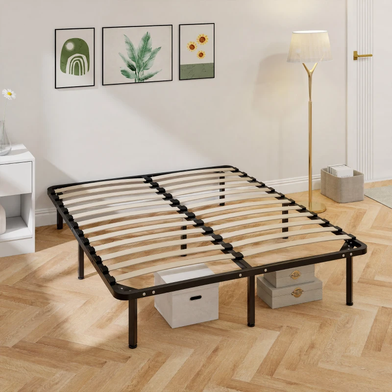 HOMCOM 4ft6 Double Bed Frame, Metal Platform Bed Frame with 2 x 14 Wood Slats, No Box Spring Needed, Underbed Storage, Black