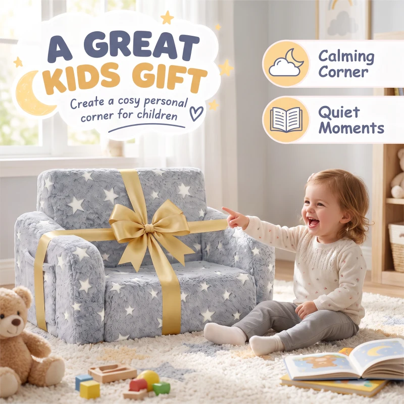 AIYAPLAY Canapé enfant 2 en 1, fauteuil pour enfant avec étoiles phosphorescentes, dépliable en méridienne, gris