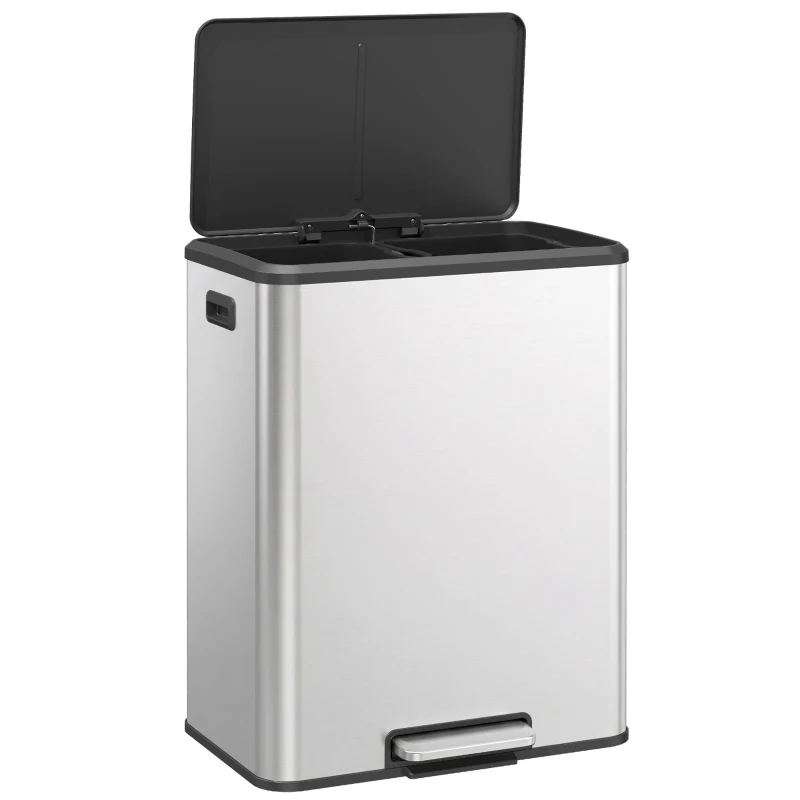 HOMCOM Küchenabfalleimer 2 x 30 L, Tretmülleimer aus Edelstahl mit Herausnehmbaren Behältern und Soft-Close-Deckel, Silber