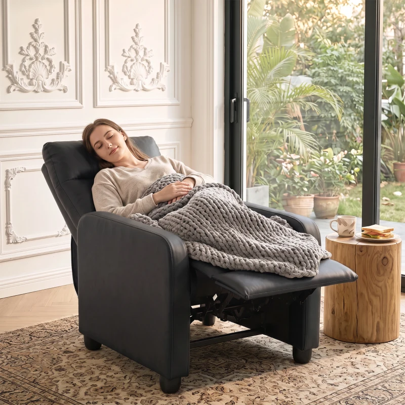 HOMCOM Poltrona Relax Reclinável Manual 155° com Apoio para Pés em Couro PU para Sala e Quarto, Preto