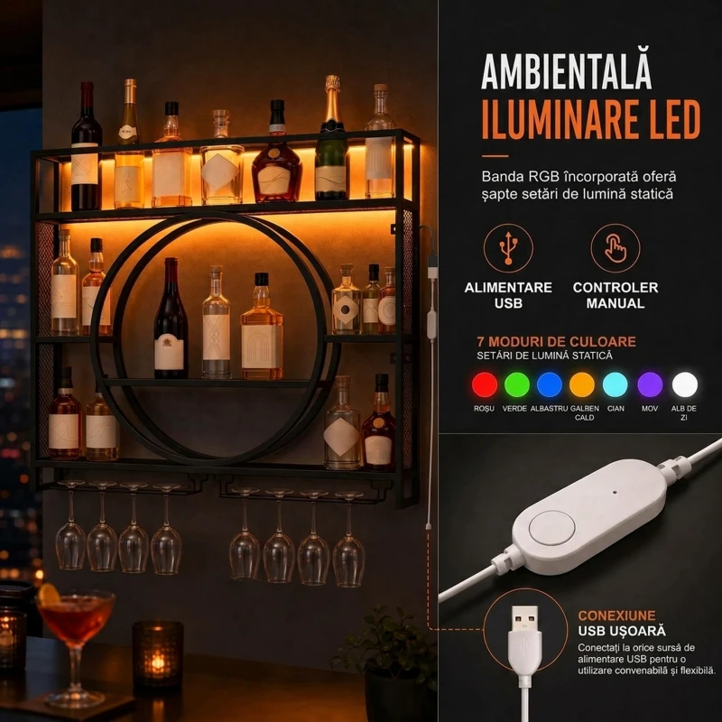 HOMCOM Suport de perete pentru sticle cu LED, suport pentru pahare și rafturi, negru