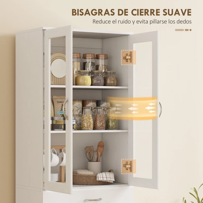 HOMCOM Alacena de Cocina con Puertas de Vidrio Cajón Estantes Ajustables para Comedor Salón 60x35x180 cm Blanco