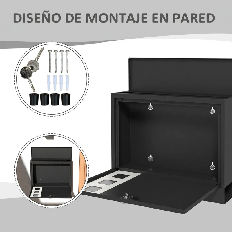 HOMCOM Buzón Exterior de Metal de Pared Correo Cerradura y 2 Llaves Ventanas de Vista Cierre Silencioso 36,5x11,5x29 cm Negro