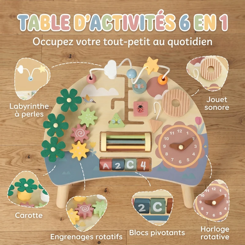AIYAPLAY Table d'Activités en Bois pour Bébé 1-3 Ans 6 en 1 avec Engrenages, Labyrinthe de Perles, Horloge Rotative et Carottes