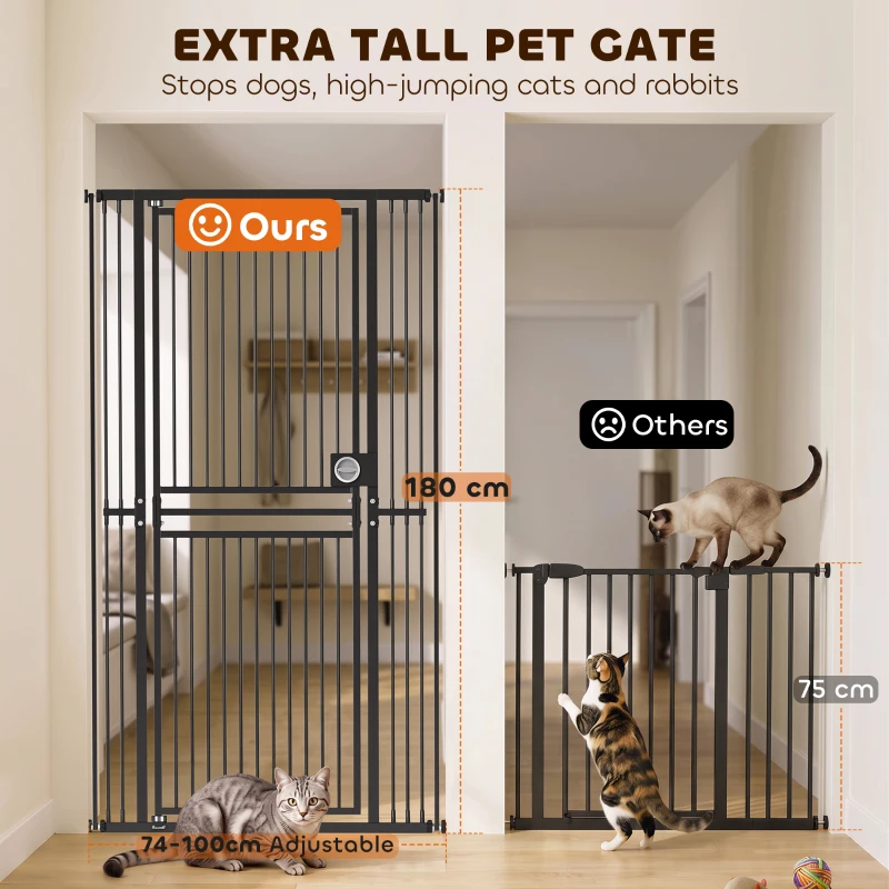 PawHut 180cm Extra Tall Cat Gate, Adjustable Pet Gate with 74-100 cm Wide, Pressure Fit, Pull-Ring Latch, Black