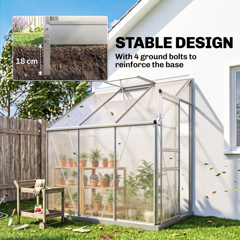 Outsunny 6 x 4ft Lean to Wall Polycarbonate Greenhouse Aluminium Walk-in Garden Greenhouse with Adjustable Roof Vent, Rain Gutter and Sliding Door, Clear
