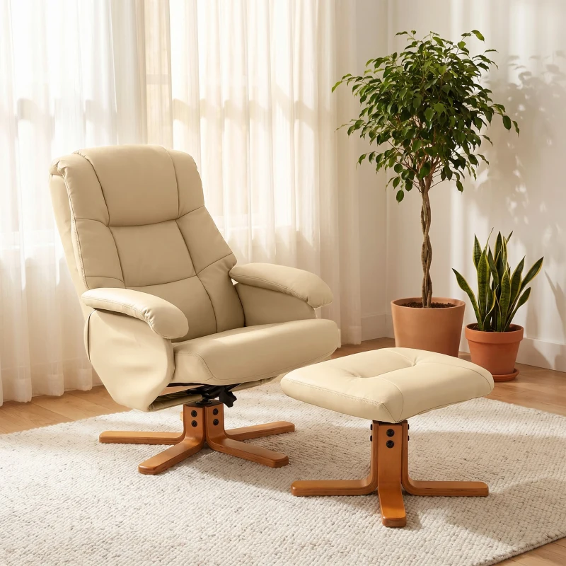 HOMCOM Sillón Relax con Reposapiés Sillón de Relajación Giratorio 360° Respaldo Inclinable Carga 120 Kg Beige