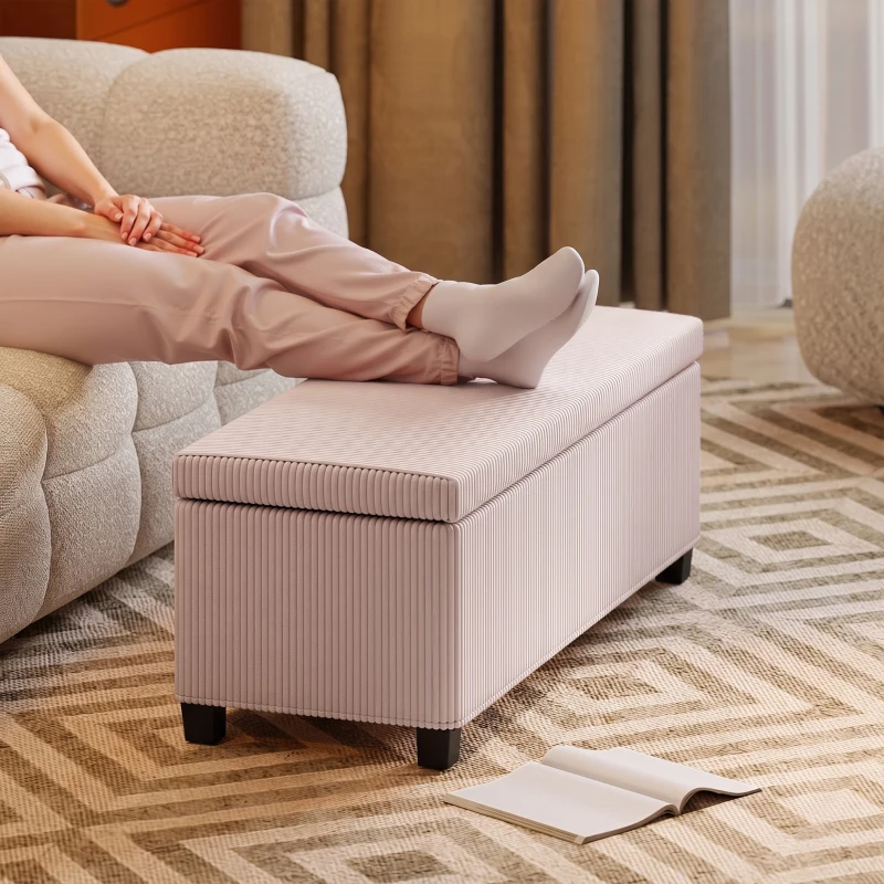 HOMCOM Banco Almacenaje Capacidad de 84 L 112x42x40cm Tapizado en Pana Pie de Cama para Sala de Estar Dormitorio Rosa