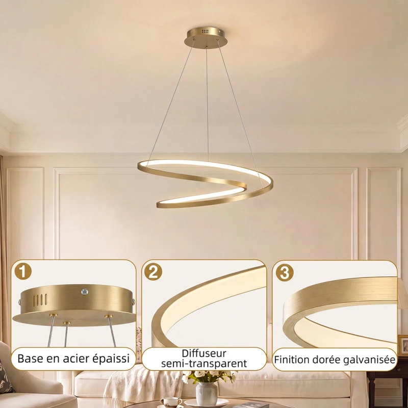 HOMCOM Suspension Luminaire avec 2 Anneaux, Lustre Suspendu LED à 3 Températures de Couleur, Hauteur Réglable, Doré