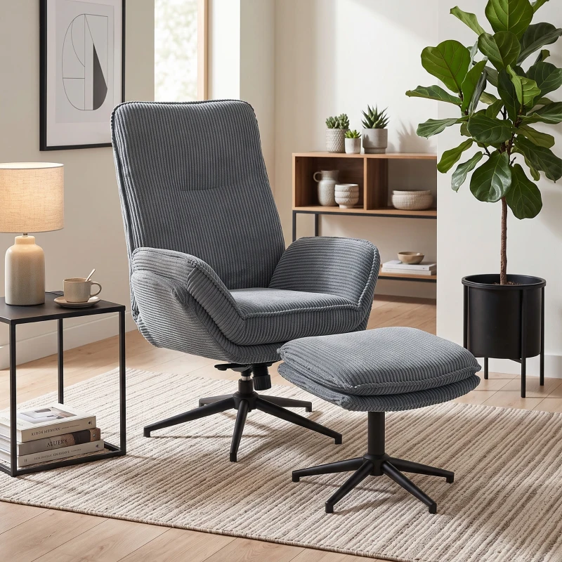 HOMCOM Relaxsessel mit 130° Liegefunktion, Fernsehsessel mit Hocker und Stahlrahmen, Grau