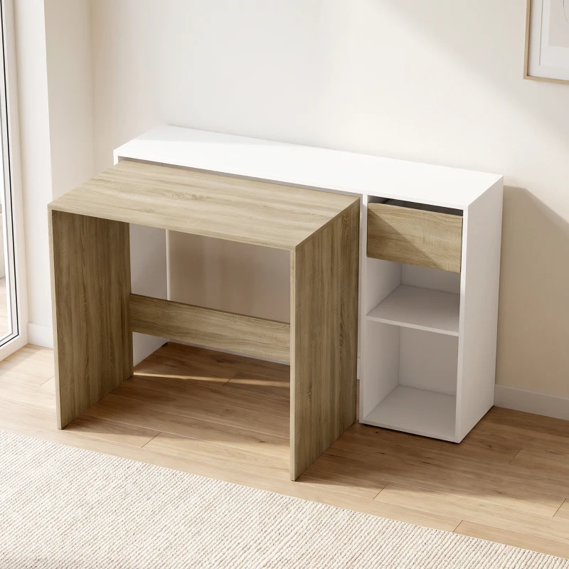 HOMCOM Set 2 birouri gigogne pentru calculator, 80/117 cm, cu sertar și etajere deschise, alb și stejar
