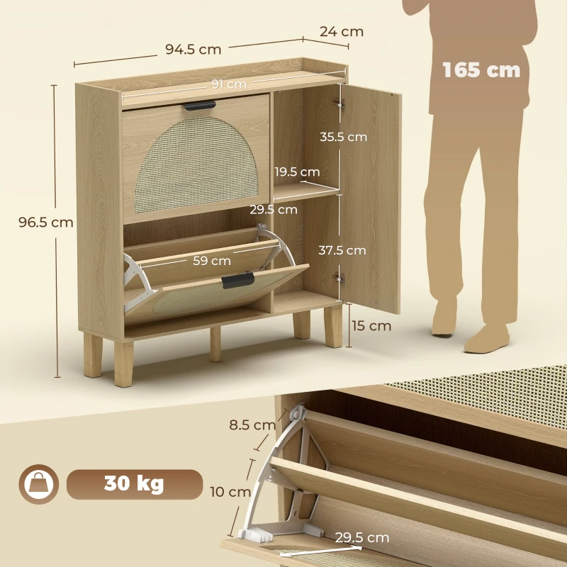 HOMCOM Pantofar Îngust Boem cu Oglindă 2 Uși din Ratan Dulap 10 Perechi Rafturi Reglabile 94,5x24x96,5 cm Stejar