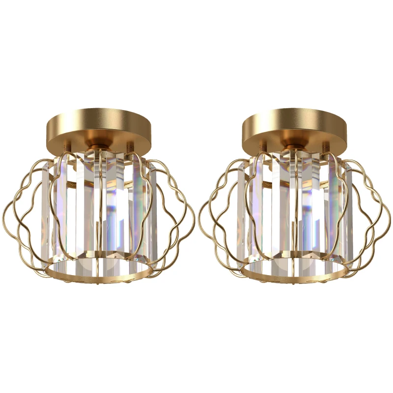 HOMCOM Crystal Ceiling Light Fixtures, Modern Semi-Flush Ceiling Lighting with Crystal Strips, 2 Pack, Gold Tone
