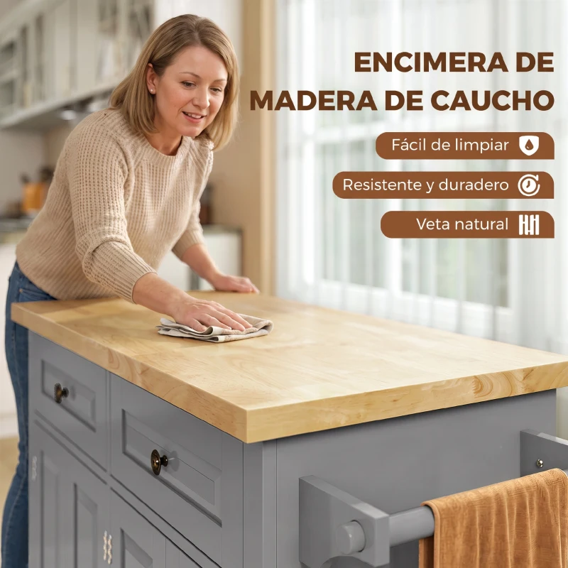 HOMCOM Isla de Cocina con Ruedas Mueble Auxiliar de Cocina con Especiero y Barra Lateral 111x44,5x82,5 cm Gris