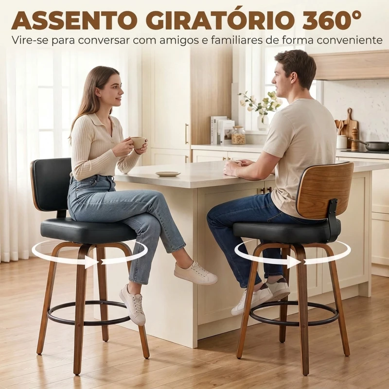 HOMCOM Bancos de Bar Giratórios 360° em Pele Sintética PU com Pernas de Madeira Curvas, Encosto Acolchoado e Apoio para os Pés, 44x49x95 cm, Preto