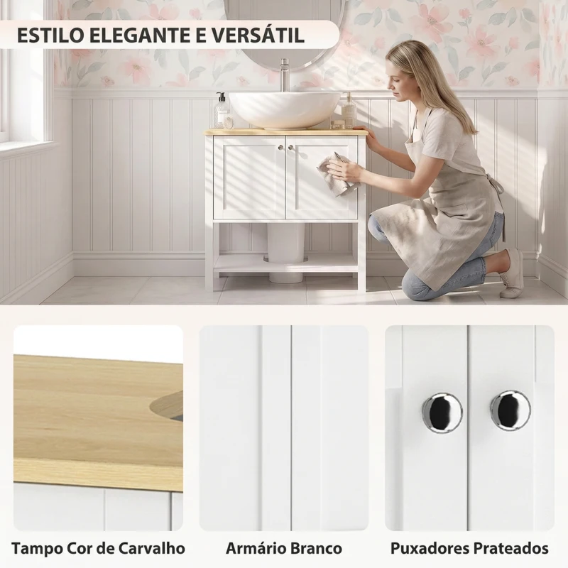 HOMCOM Móvel Inferior para Lavatório com Prateleira Aberta e 2 Portas, para Lavatório com ou sem Coluna, 80 x 40 x 80 cm, Branco