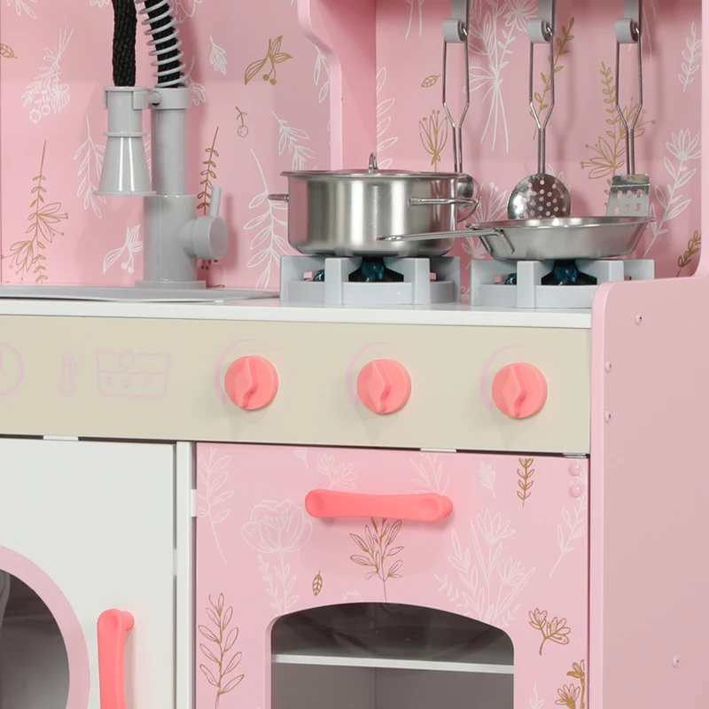 AIYAPLAY Play Kitchen, Kids Kitchen Set with Lights and Sounds, Double Stoves, Ice Maker, Chalkboard for 3+ Years, Pink