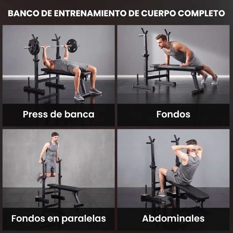 HOMCOM Banco de Musculación con Soporte para Barra y Estación de Dips Carga 220 kg para Entrenamiento en Casa Gimnasio