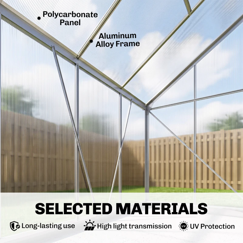 Outsunny 6 x 4ft Lean to Wall Polycarbonate Greenhouse Aluminium Walk-in Garden Greenhouse with Adjustable Roof Vent, Rain Gutter and Sliding Door, Clear