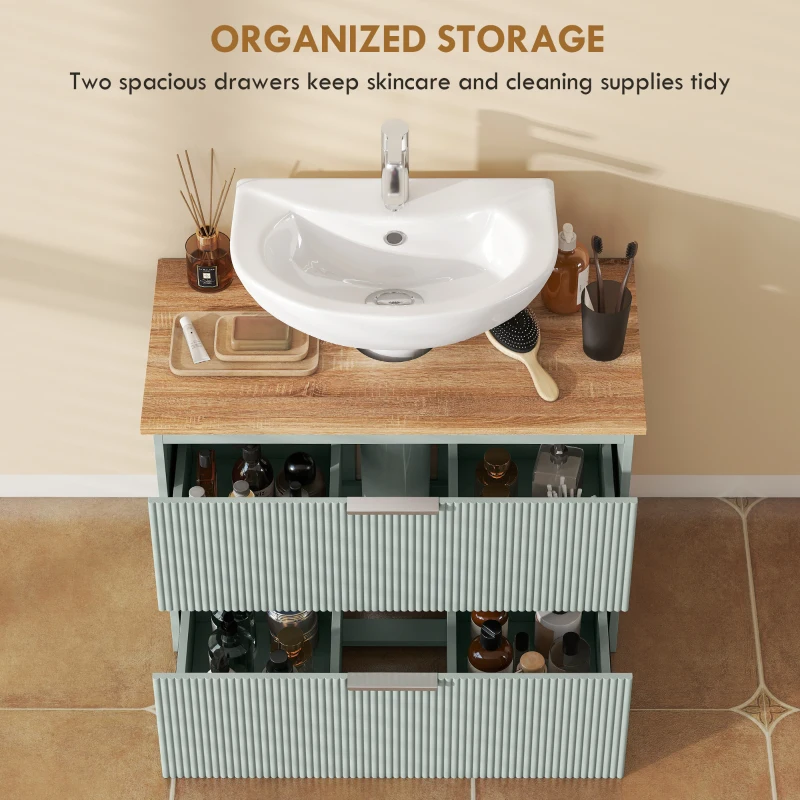 HOMCOM Under Sink Cabinet with 2 Drawers, Under Sink Bathroom Cabinet for Sink with or without Pedestal, Green and Natural Wood