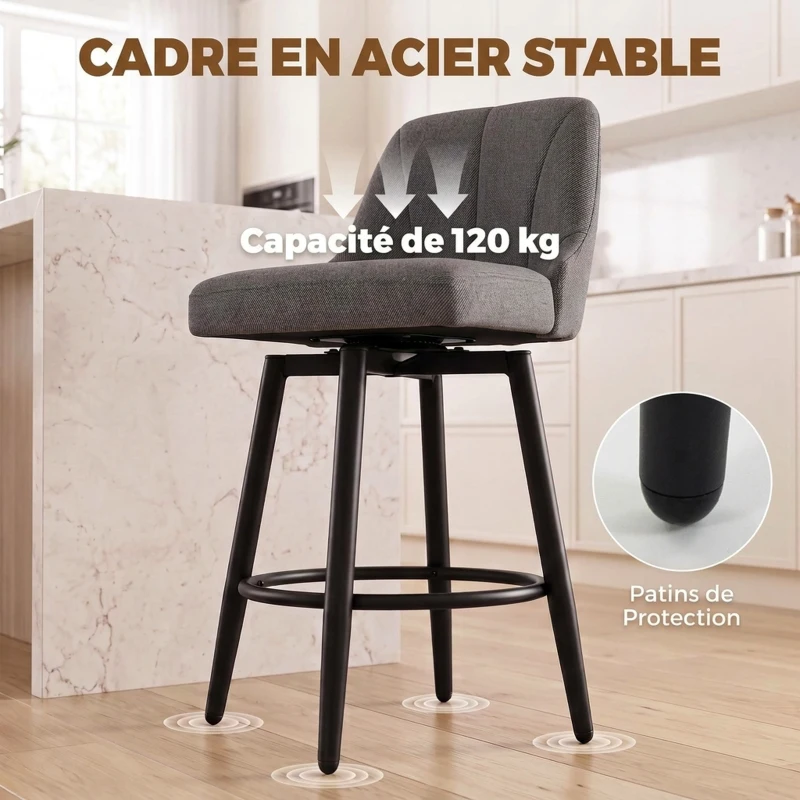 HOMCOM Lot de 2 Tabourets de Bar Pivotants, Chaises de Bar en Tissu Effet Lin, Dossier Capitonné, Repose-Pieds, Gris