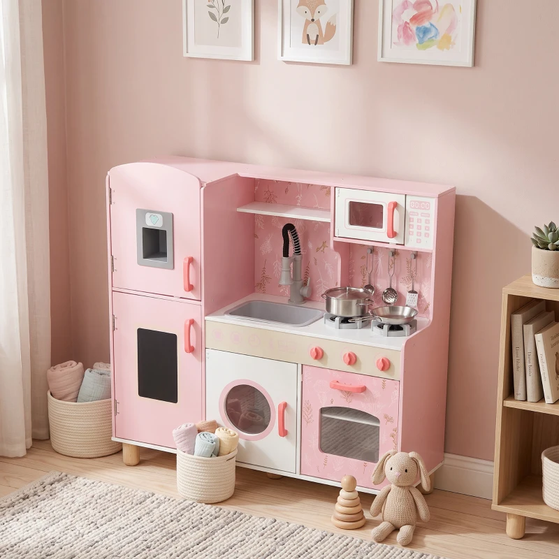AIYAPLAY Cocina de Madera Infantil con Sonido Fogón Horno Grifo Fregadero Microondas Lavadora Máquina de Hielo Rosa