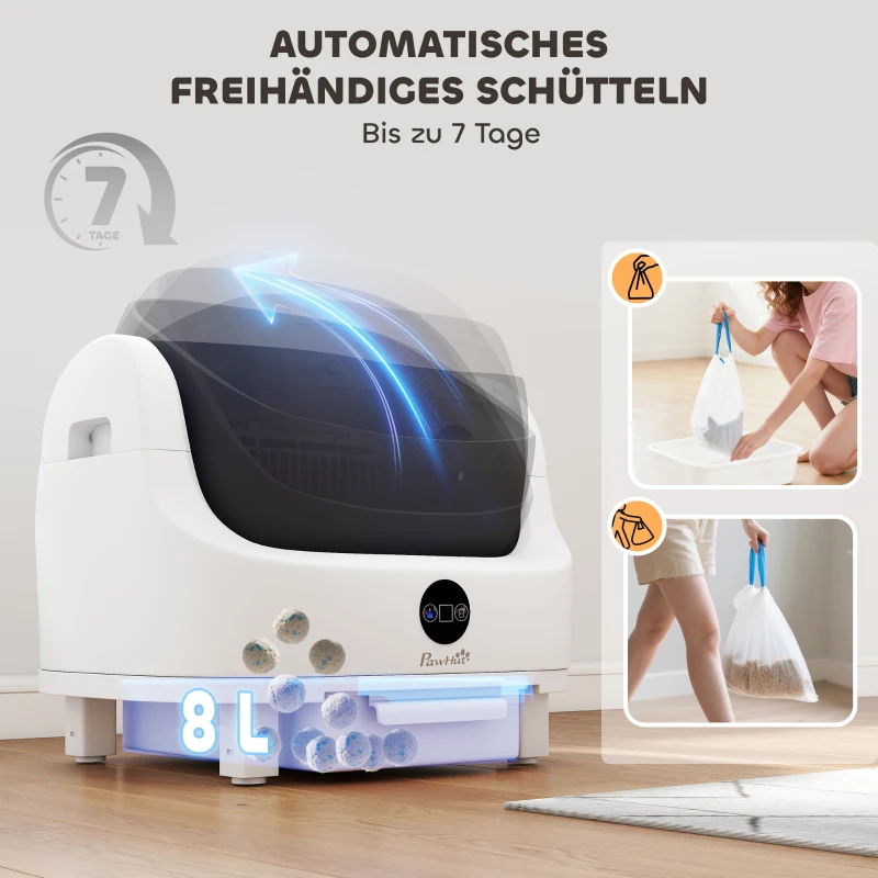 PawHut Selbstreinigende Katzentoilette, 42L Katzenklo Selbstreinigend mit Aromatherapie, Müllbeutel, Geruchsbeseitigung 1-5 kg
