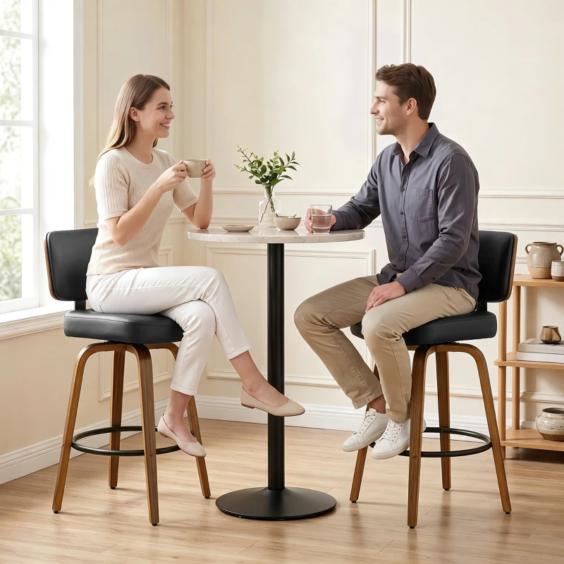 HOMCOM Bancos de Bar Giratórios 360° em Pele Sintética PU com Pernas de Madeira Curvas, Encosto Acolchoado e Apoio para os Pés, 44x49x95 cm, Preto
