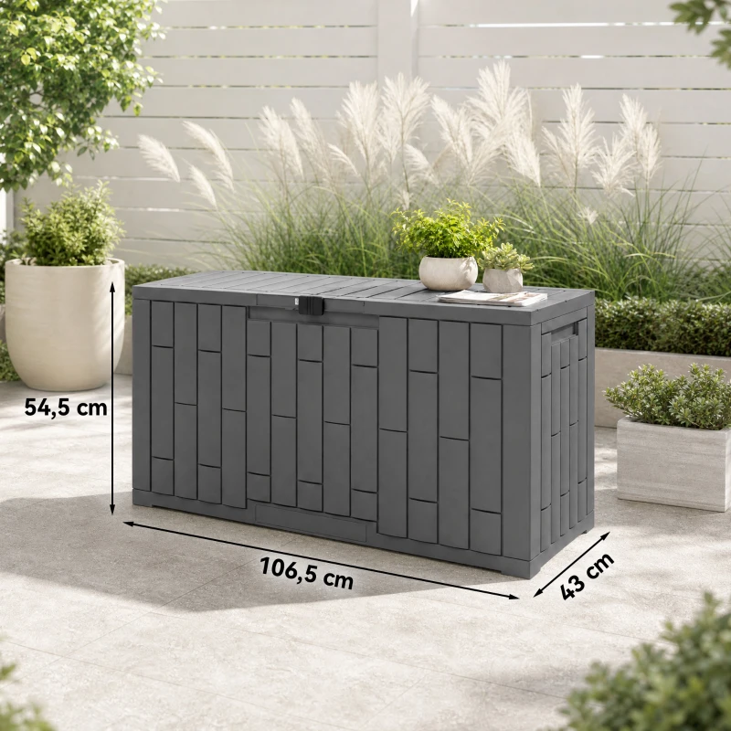 Outsunny Gartenbox 227,4 Liter Wasserdicht Abschließbar UV-beständig Auflagenbox mit Holzoptik für Garten 106,5x43x54,5cm Grau