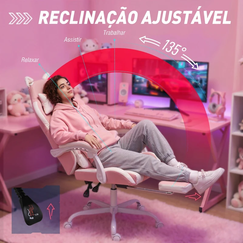 Vinsetto Cadeira Gaming com Orelhas de Gato, Encosto Reclinável 90-135°, Apoio para os Pés Retrátil, Almofada Lombar e Apoio de Cabeça - Rosa