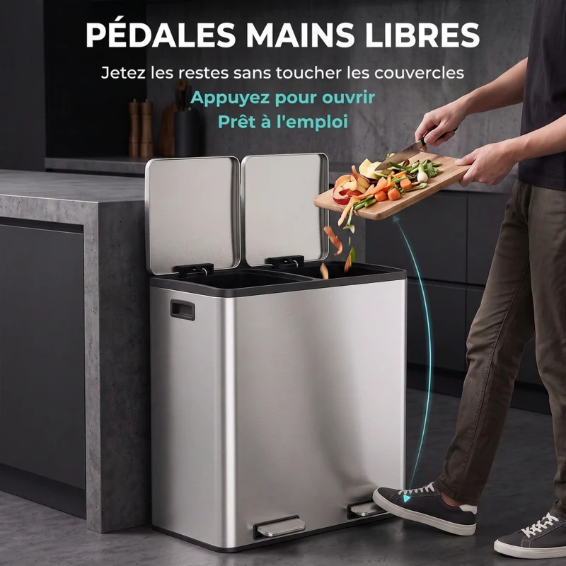 HOMCOM Poubelle à Double Compartiment 2 x 30 L, Poubelle de Cuisine à Pédale en Acier Inoxydable, Argenté