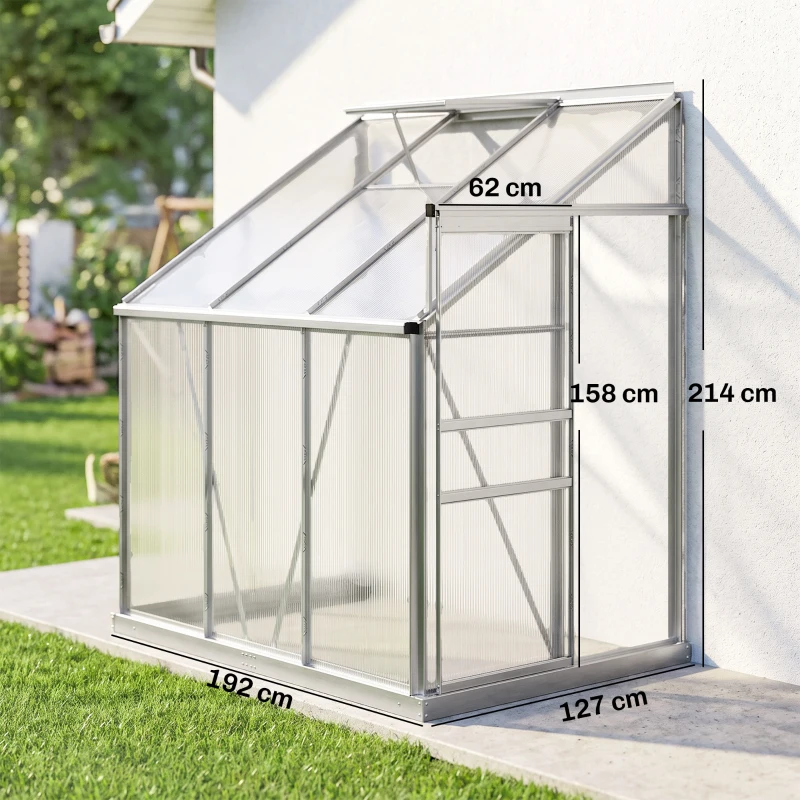 Outsunny 6 x 4ft Lean to Wall Polycarbonate Greenhouse Aluminium Walk-in Garden Greenhouse with Adjustable Roof Vent, Rain Gutter and Sliding Door, Clear