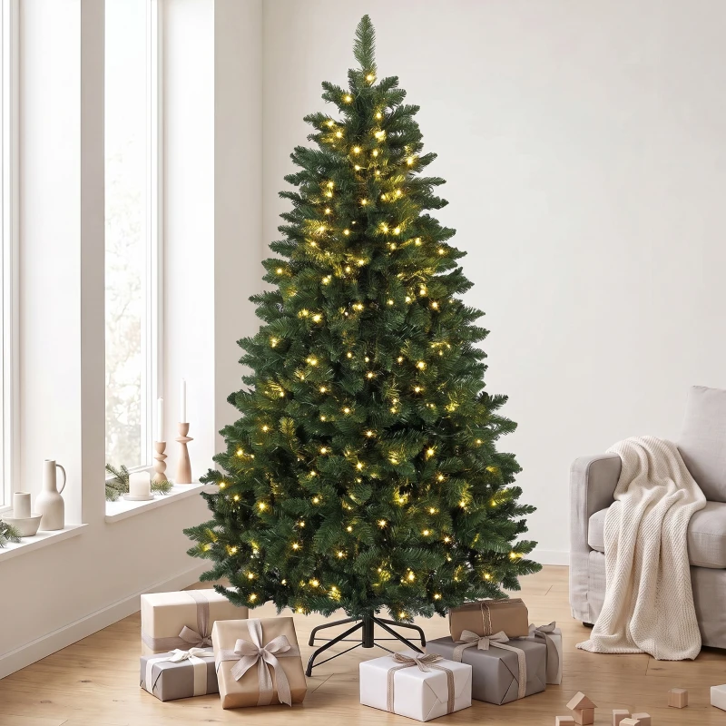 HOMCOM Árbol de Navidad 180 cm con 250 Luces LED 11 Modos Mando a Distancia 800 Puntas Base de Acero Plegable Verde
