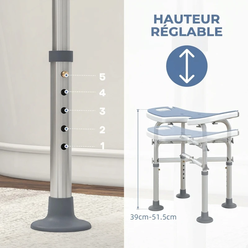 HOMCOM Tabouret de Douche, Hauteur Ajustable 39-51,5 cm, Barre d'Appui à Ventouse, Patins à Ventouse, Bleu Clair