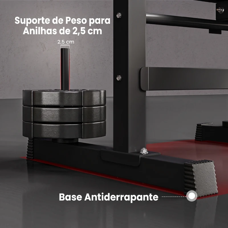 HOMCOM Banco de Pesos Multifuncional Dobrável com Suporte para Barras Ajustável e Estação de Dips 98-122x140x73 cm Preto